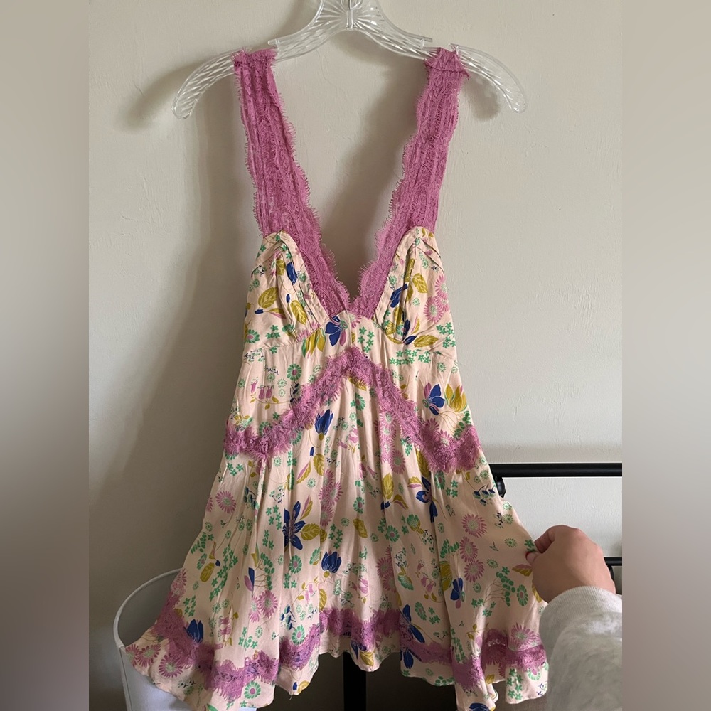 Pink lace floral mini dress